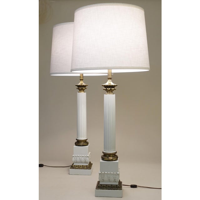 Hollywood Regency 1960s Westwood Neoclassical Hollywood Regency Composite Style Column Brass Table Lamps - a Pair For Sale - Image 3 of 13