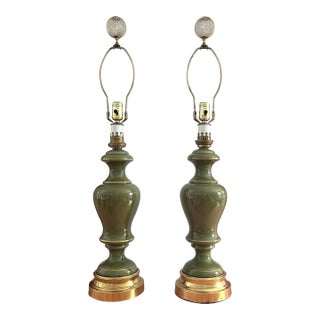 1960s Green Glass Column Lamps, Pair For Sale