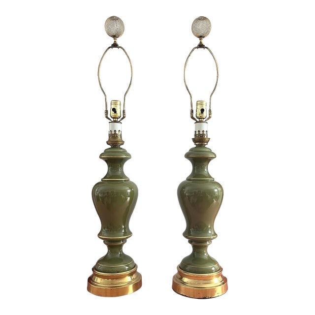 1960s Green Glass Column Lamps, Pair For Sale