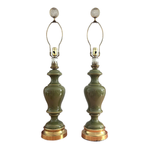 1960s Green Glass Column Lamps, Pair