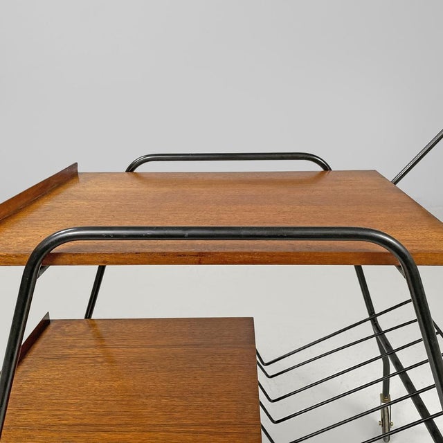 Mid-Century Modern Italian Wood and Black Metal Trolley with Brass Wheels, 1960s For Sale - Image 14 of 17