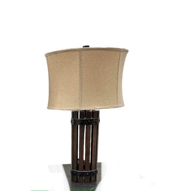 Mid Century Rustic Style Table Lamp Wood With Linen Drum Lamp Shade Table Lamps McM Rustic For Sale In Los Angeles - Image 6 of 12