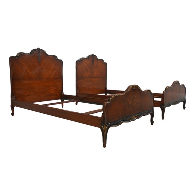 Pair of French Style Marquetry Inlaid Satinwood Twin Beds For Sale