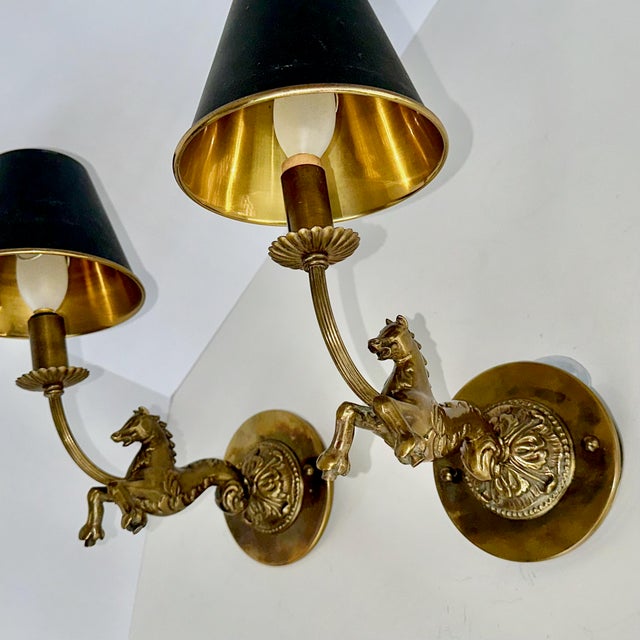 Metal Pair French Bronze Horse Equestrian Wall Sconce Lights For Sale - Image 7 of 18