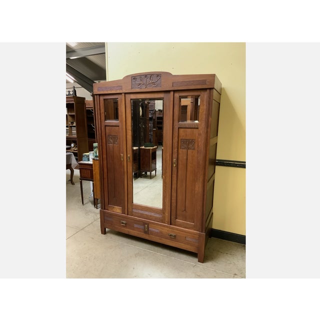 Wood Antique Art Nouveau Wardrobe in Oak, 1910 For Sale - Image 7 of 13