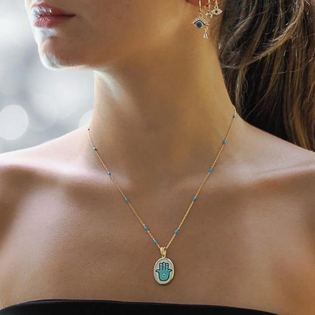 Hamsa Hand Good Fortune Turquoise Pendant Gold Chain Necklace For Sale - Image 4 of 7