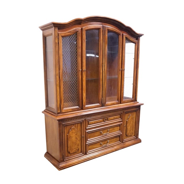 Stanley Furniture Stanley Furniture Solid Walnut Italian Provincial 66" Buffet W. Lighted Display China Cabinet W. Grilled Doors 8311-04 For Sale - Image 4 of 15