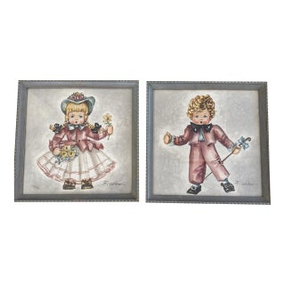 Vintage Mid Century Child Watercolor Paintings Signed F. Gardener Matched Pair For Sale