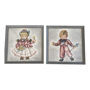 Vintage Mid Century Child Watercolor Paintings Signed F. Gardener Matched Pair