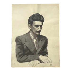 Vintage Realist Portrait of Man in Suit by Anthony Ferrara, Signed (1950, Charcoal on Paper)
