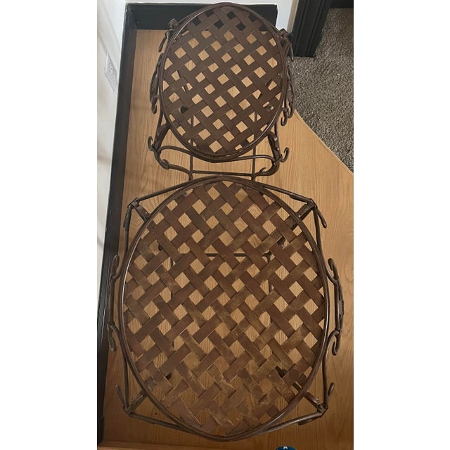 Late 20th Century Graduated Wrought Iron Basket Weave Accent Tables, Tuscan French Country Plant Stands – Pair For Sale - Image 5 of 7