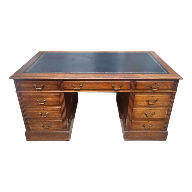 Vintage American Regency Style Tooled Leather Top Writing Executive Desk For Sale