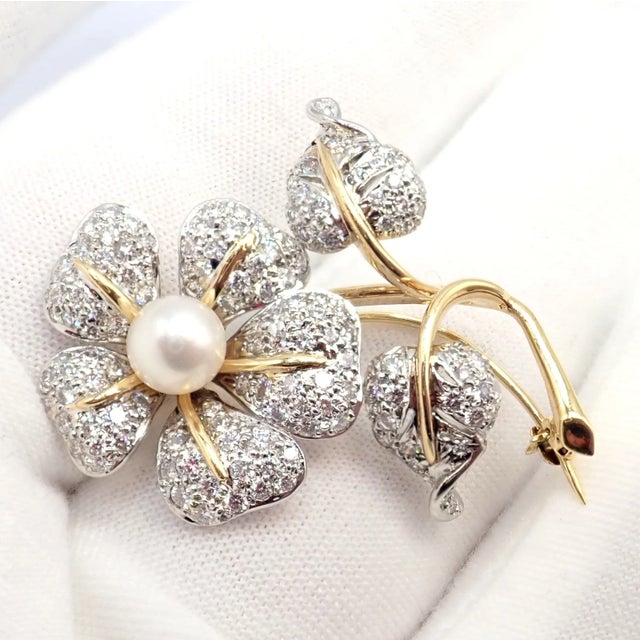 Late 20th Century Vintage Tiffany & Co. Yellow Gold Platinum Diamond Pearl Pin Brooch For Sale - Image 5 of 12
