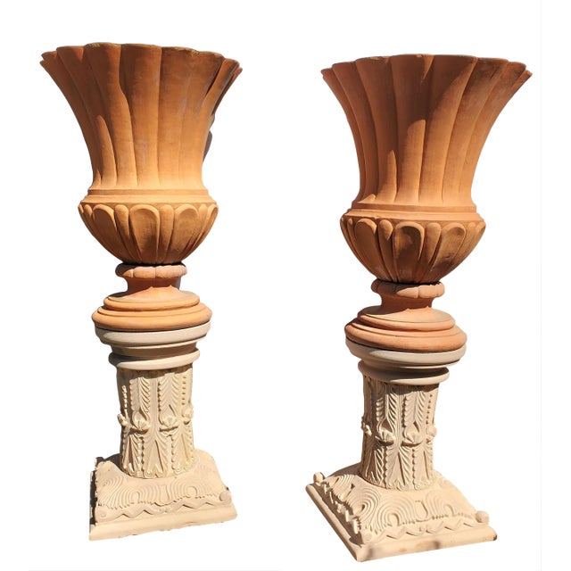 Pair of Large Terracotta Italian Urns "Ref Impruneta " on Carved Jodhpur Sandstone Pedestals For Sale