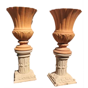 Pair of Large Terracotta Italian Urns "Ref Impruneta " on Carved Jodhpur Sandstone Pedestals