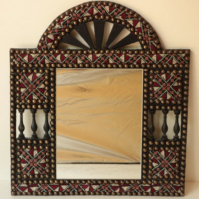 Tribal Cross Stitch Mirror With Nailhead Trim For Sale In Madison - Image 6 of 6