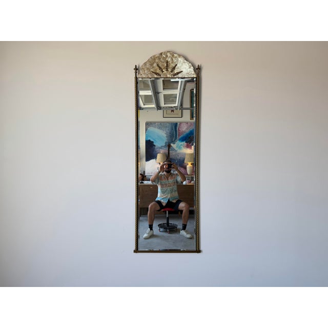 Hollywood Regency Italian Hollywood Regency Brass & Shell Top Wall Mirror With Beveled Glass For Sale - Image 3 of 11