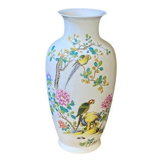 Famille Rose Porcelain Vase W/Parrots/Chrysanthemum 17" H For Sale