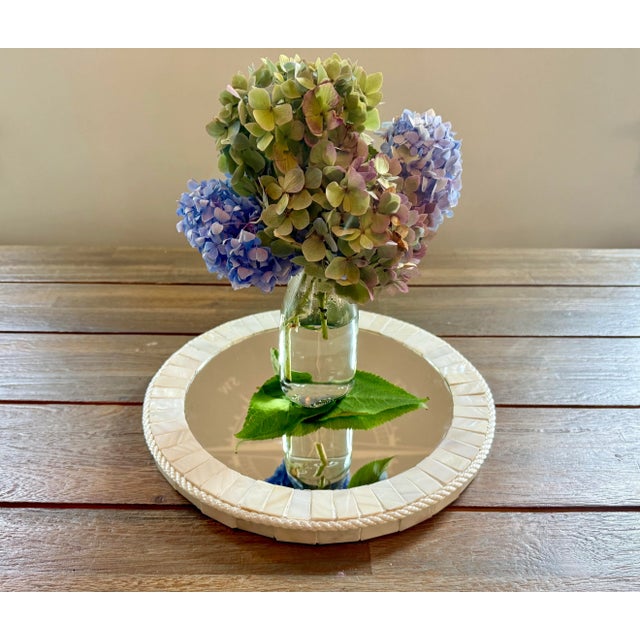 White Oyster Shell Inlay Round Mirror, as in Bone Mirror; For Wall or TableTop, Handmade For Sale - Image 10 of 12