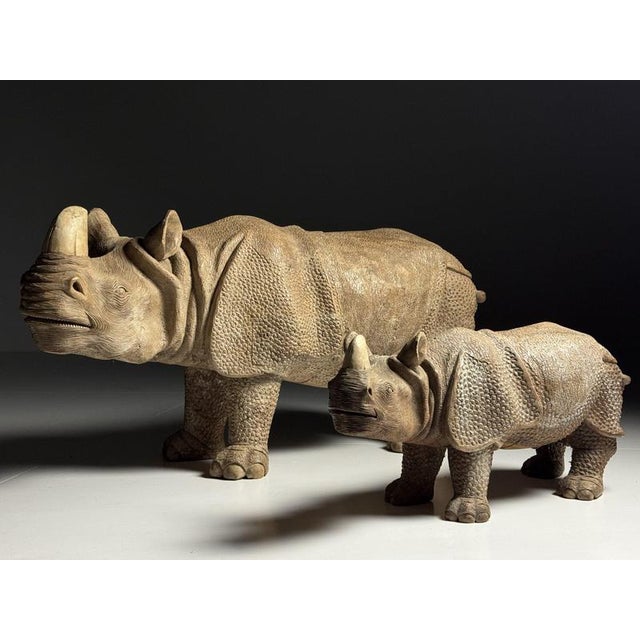 Hand-Carved Wooden Rhinoceros Statues, 1960s, Set of 2 For Sale - Image 16 of 18