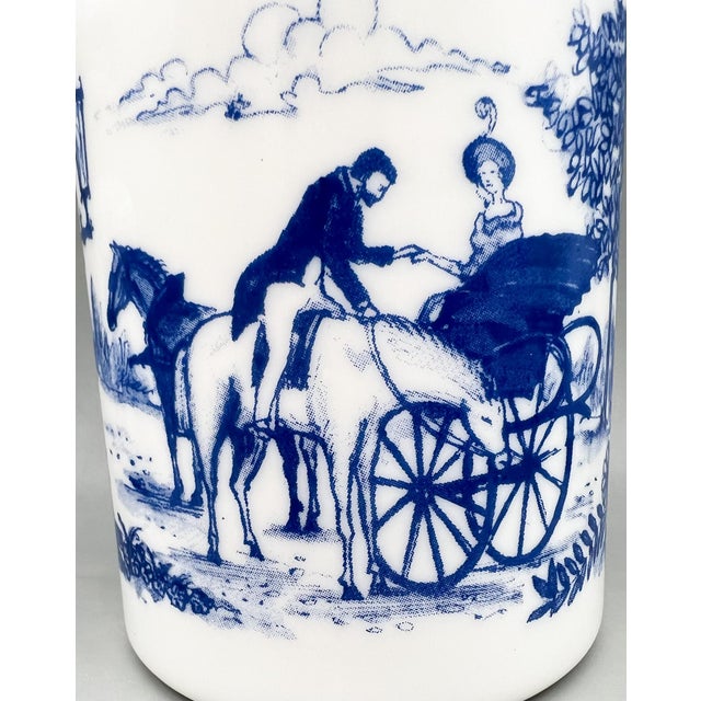 1970's Set of 3 Belgian Blue and White Milk Glass Apothecary Jars With Transferware Equestrian Scenes – Victorian / English Country For Sale - Image 11 of 12