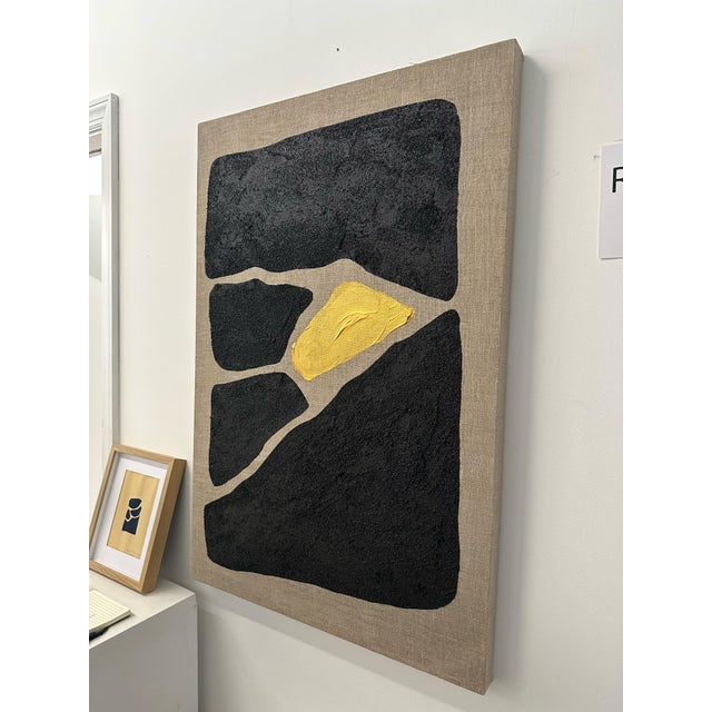 Abstract Gold and Carbon Painting on Spanish Linen Minimalist Painting "Piled Up" For Sale - Image 3 of 4