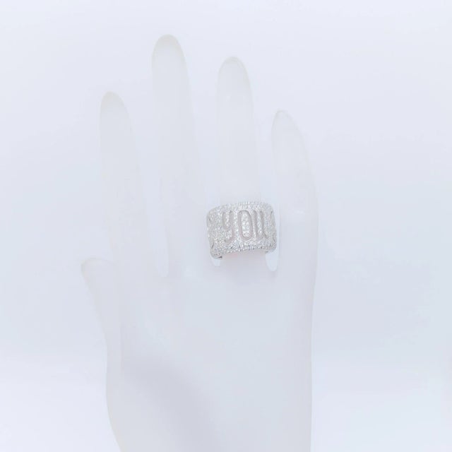 Contemporary Pave White Diamond "Love You" Wide Band in 18K White Gold, size 5.25 For Sale - Image 3 of 6