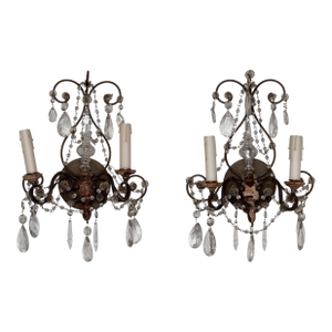 Pair of Italian Bronze and Crystal Sconces