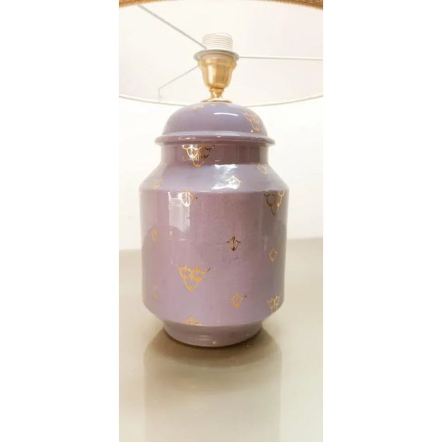 Ceramic Light with Purple Lampshade For Sale - Image 4 of 12