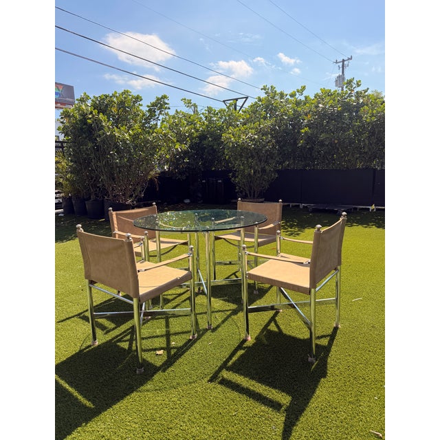 Vintage Campaign Maison Jansen Style, Pace Chrome Table & Director Arm Chairs, Suede Leather Chrome and Brass C. 1970s For Sale - Image 9 of 12