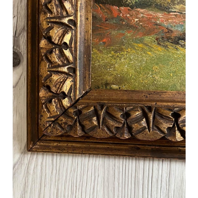 Antique French Landscape Oil Painting in Gesso Frame For Sale - Image 4 of 7
