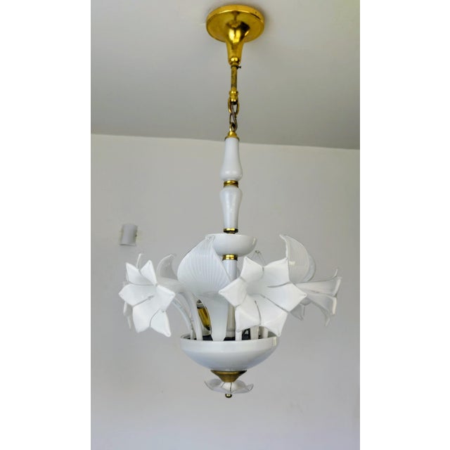 Vintage Italian White Murano Styled Calla Lilly Chandelier Brass Lighting 1970s For Sale - Image 16 of 17