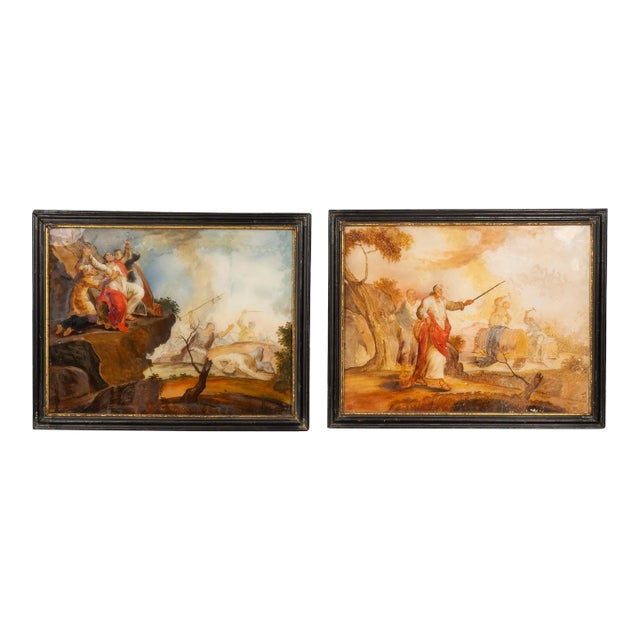 European Reverse Paintings on Glass - a Pair For Sale