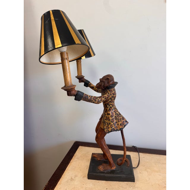 Black Late 20th Century Bill Huebbe Signed Monkey Double-Arm Table Lamp With Leopard Coat For Sale - Image 8 of 11