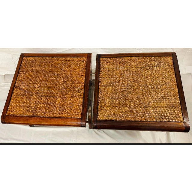 Pair of Indonesian Stools/Tables With Woven Rattan Tops For Sale - Image 4 of 5