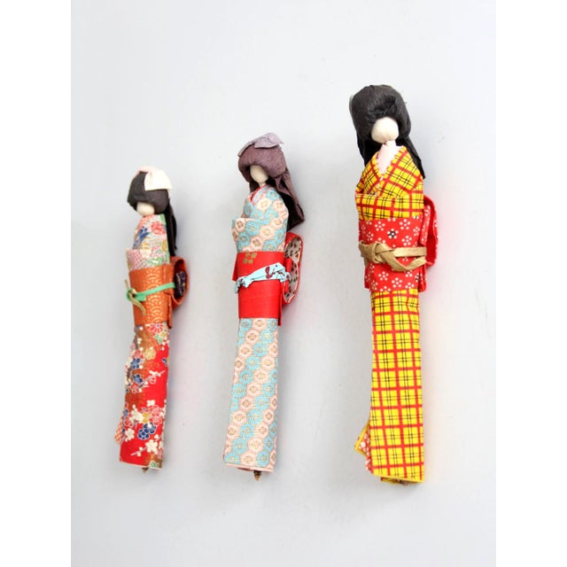 Mid-Century Japanese Folk Art Kimono Dolls Set of 3 For Sale - Image 14 of 16