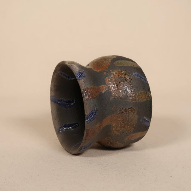 Signed Studio Pottery Raku Ceramic Vessel With Metallic Copper Glaze and Abstract Brushwork For Sale - Image 13 of 17