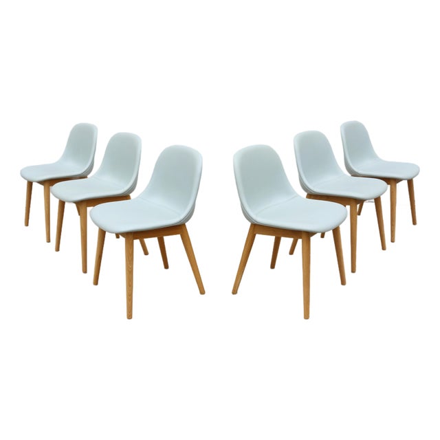 Danish Iskos-Berlin for Muuto Blue Leather Fiber Side Chairs Wood Base, Set of 6 For Sale