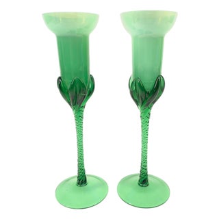 Vintage Hand-Blown Art Glass Vases in Green Opaline and Leaf, 1980s, Set of 2 For Sale