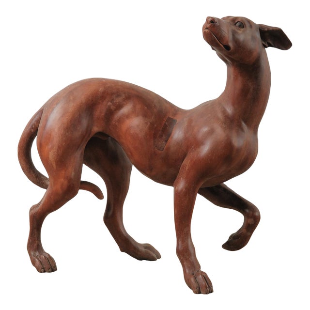 Hand-Carved Wooden Greyhound Sculpture in Expressive Mid-Stride Pose For Sale