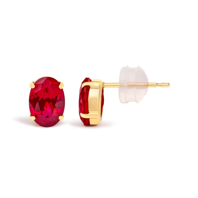 Haus of Brilliance 18K Yellow Gold 7x5 MM Created Oval Ruby Solitaire Stud Earrings For Sale - Image 4 of 4