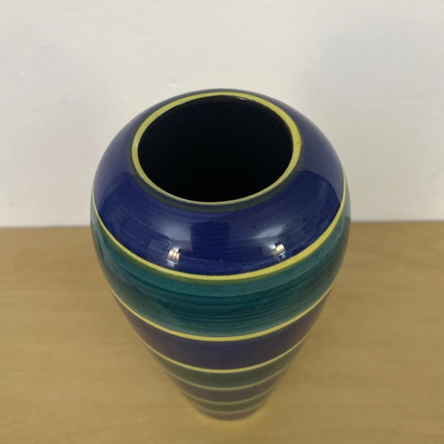 Mid-Century Modern Vintage MCM Ceramic Portugal Handpainted 8” Tall Blue Green Yellow Stamped Vase For Sale - Image 3 of 5