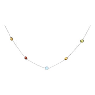 14K White Gold Bezel Set Mixed Gemstone 7 Station Adjustable 18"-24" Necklace For Sale