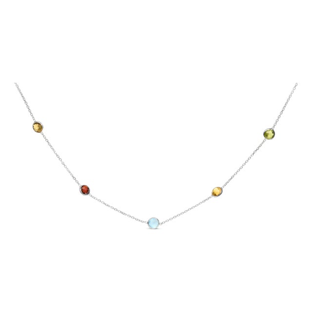 14K White Gold Bezel Set Mixed Gemstone 7 Station Adjustable 18"-24" Necklace For Sale
