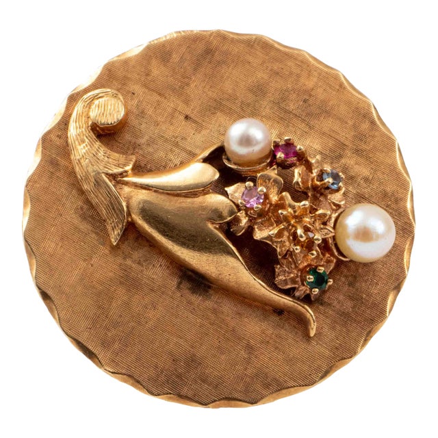 Vintage 14k Yellow Gold and Gemstone Brooch For Sale