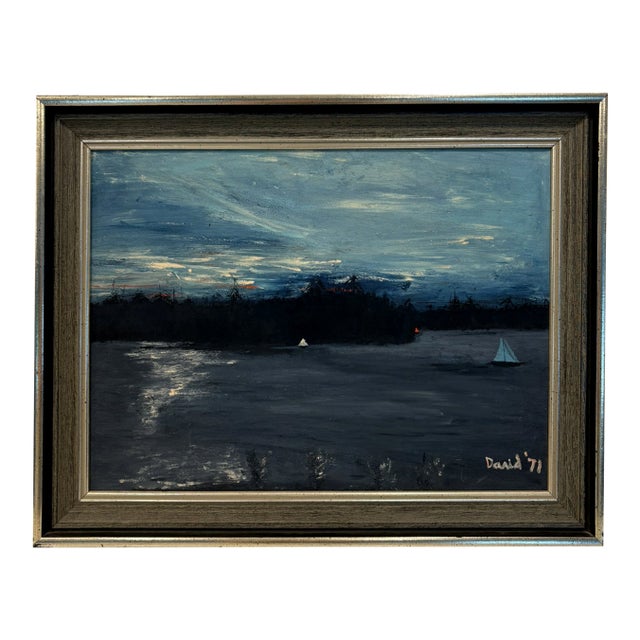 1971 Twilight on a Lake Sailboat & Moody Original Oil Painting Signed For Sale