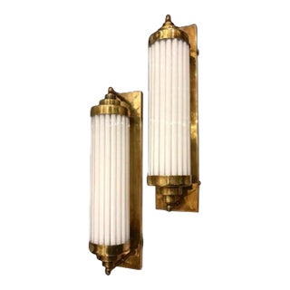 Vintage Skyscraper Art Deco Brass & Milk Glass Rod Ship Light Fixture Wall Sconces - a Pair For Sale