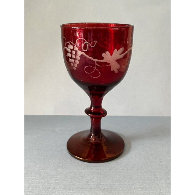 Victorian Vintage Shreve Crump & Low Bohemian Ruby Red Cut to Clear Grape Etched Port Glass For Sale - Image 3 of 8