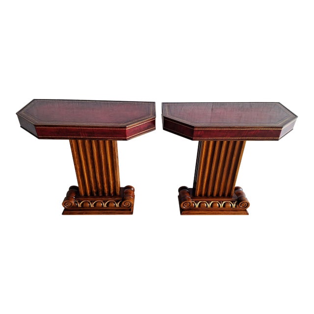 1950s Pair Of Mahogany and Tooled Leather John Stuart Pier / Side Tables For Sale