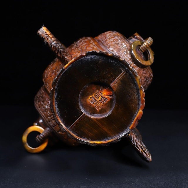1950s Monumental Pair of Carved Horn Vases - Chinese Double Dragon Handled Bottles, 12kg For Sale - Image 9 of 10